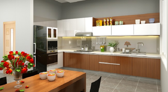Mẫu tủ bếp gỗ MFC tạo sự sinh động cho không gian bếp nhà anh Huynh ở Vũng Tàu