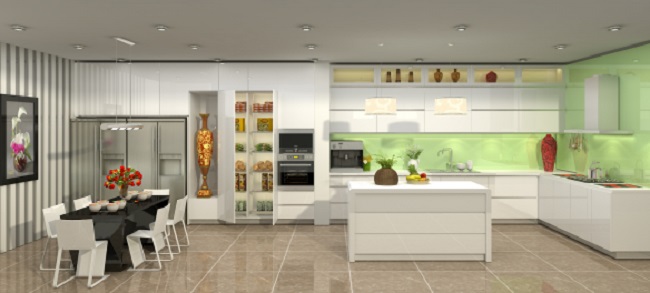Mẫu tủ bếp tráng gương hiện được thiết kế cho gia đình anh Vũ ở Quận 5