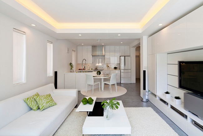 Mẫu thiết kế nội thất phòng khách mở với không gian bếp