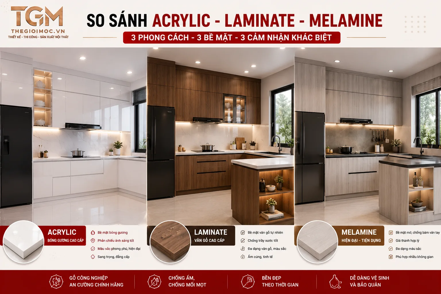 Tủ bếp Acrylic Laminate và Melamine thực tế