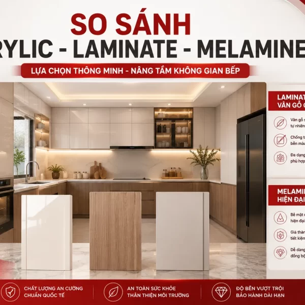 So sánh Acrylic, Laminate, Melamine: Nên chọn bề mặt nào cho tủ bếp?