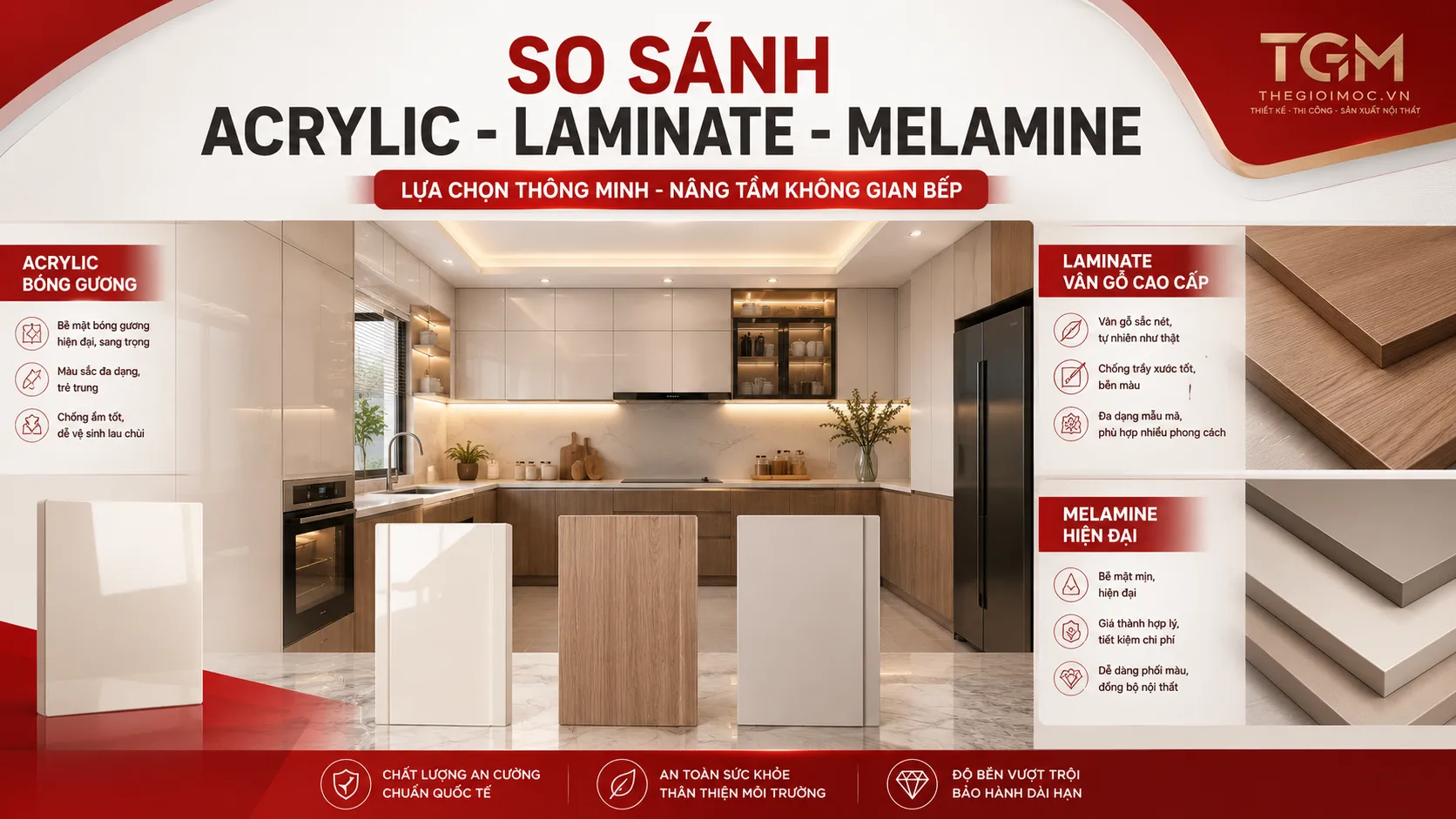 So sánh Acrylic Laminate và Melamine làm tủ bếp