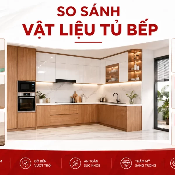 So sánh vật liệu tủ bếp: Gỗ, nhựa, inox, nhôm kính – Nên chọn loại nào?