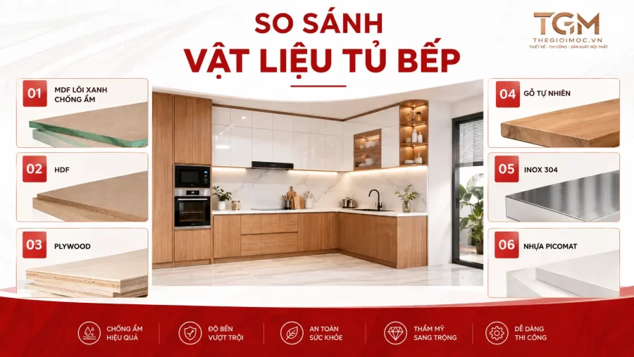 So sánh vật liệu tủ bếp: Gỗ, nhựa, inox, nhôm kính – Nên chọn loại nào?