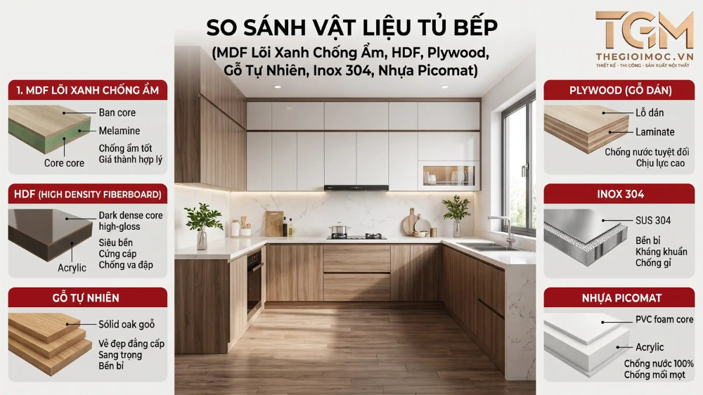 So sánh vật liệu tủ bếp MDF HDF Plywood Inox Nhựa Picomat Gỗ tự nhiên