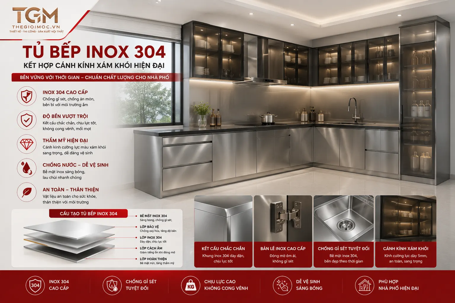 Tủ bếp inox 304 cánh kính