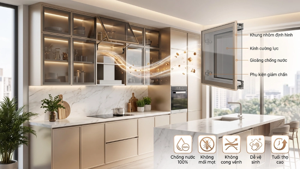 Tủ bếp nhôm kính hiện đại chống nước chống mối mọt