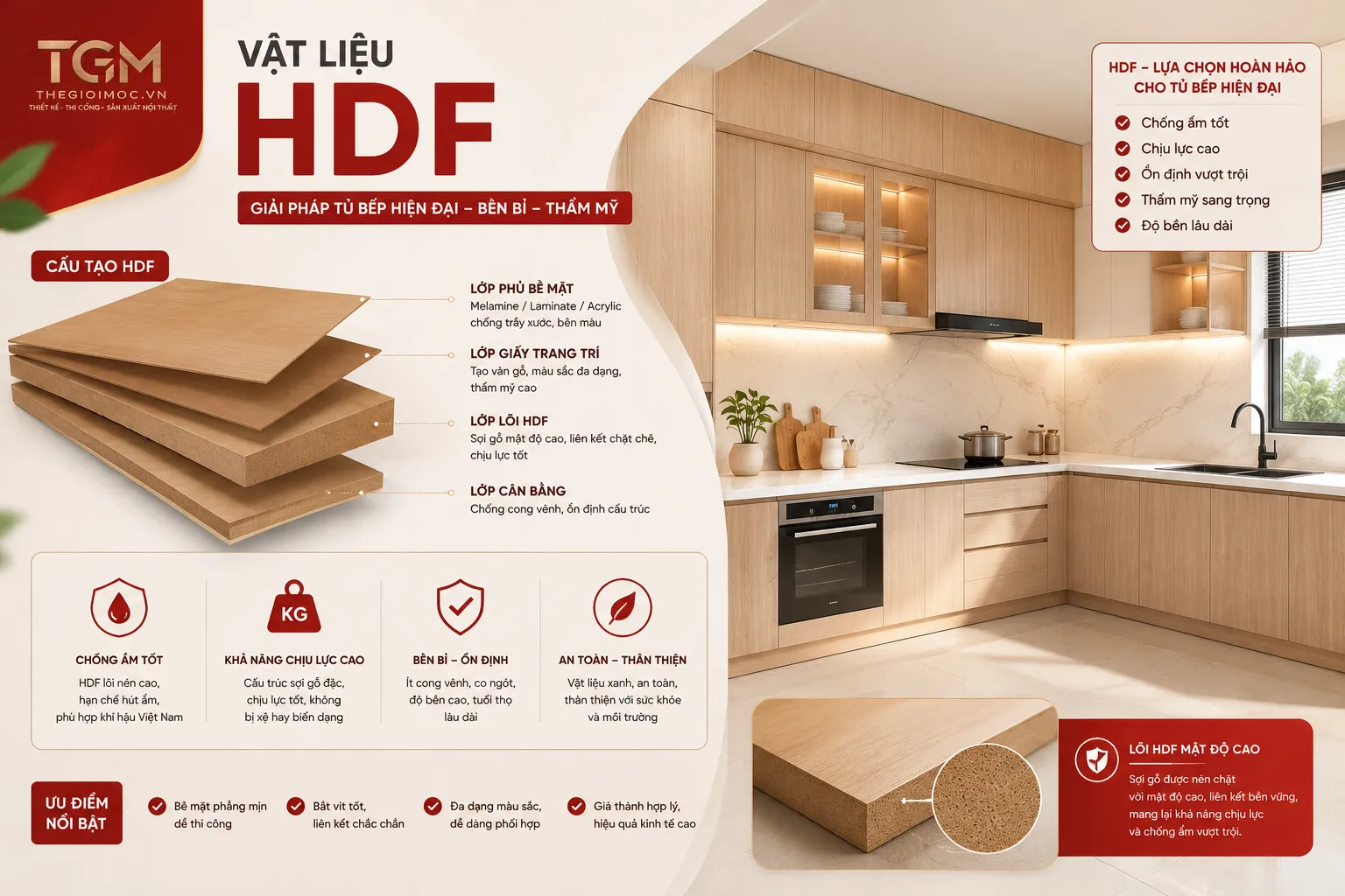 Vật liệu HDF chống ẩm làm tủ bếp