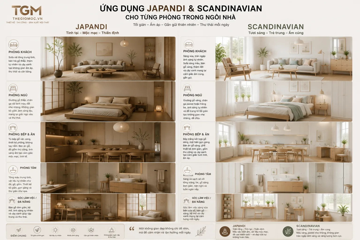 Ứng dụng thiết kế nội thất japandi và scandinavian cho từng hạng phòng