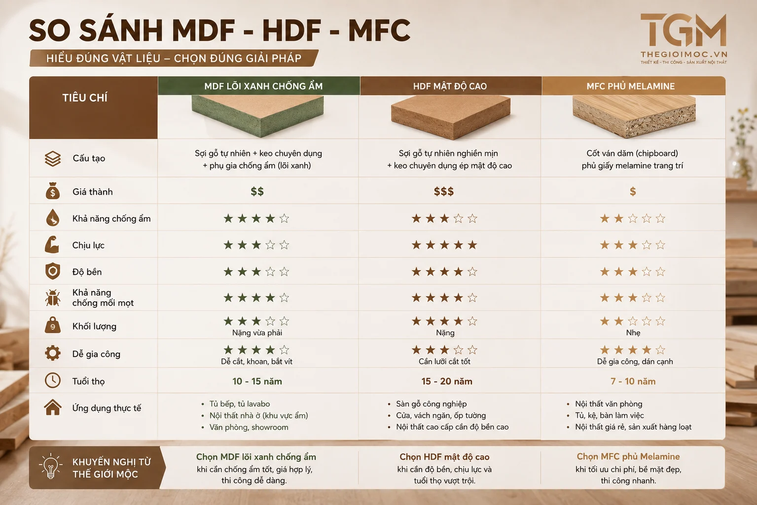Bảng so sánh MDF HDF và MFC