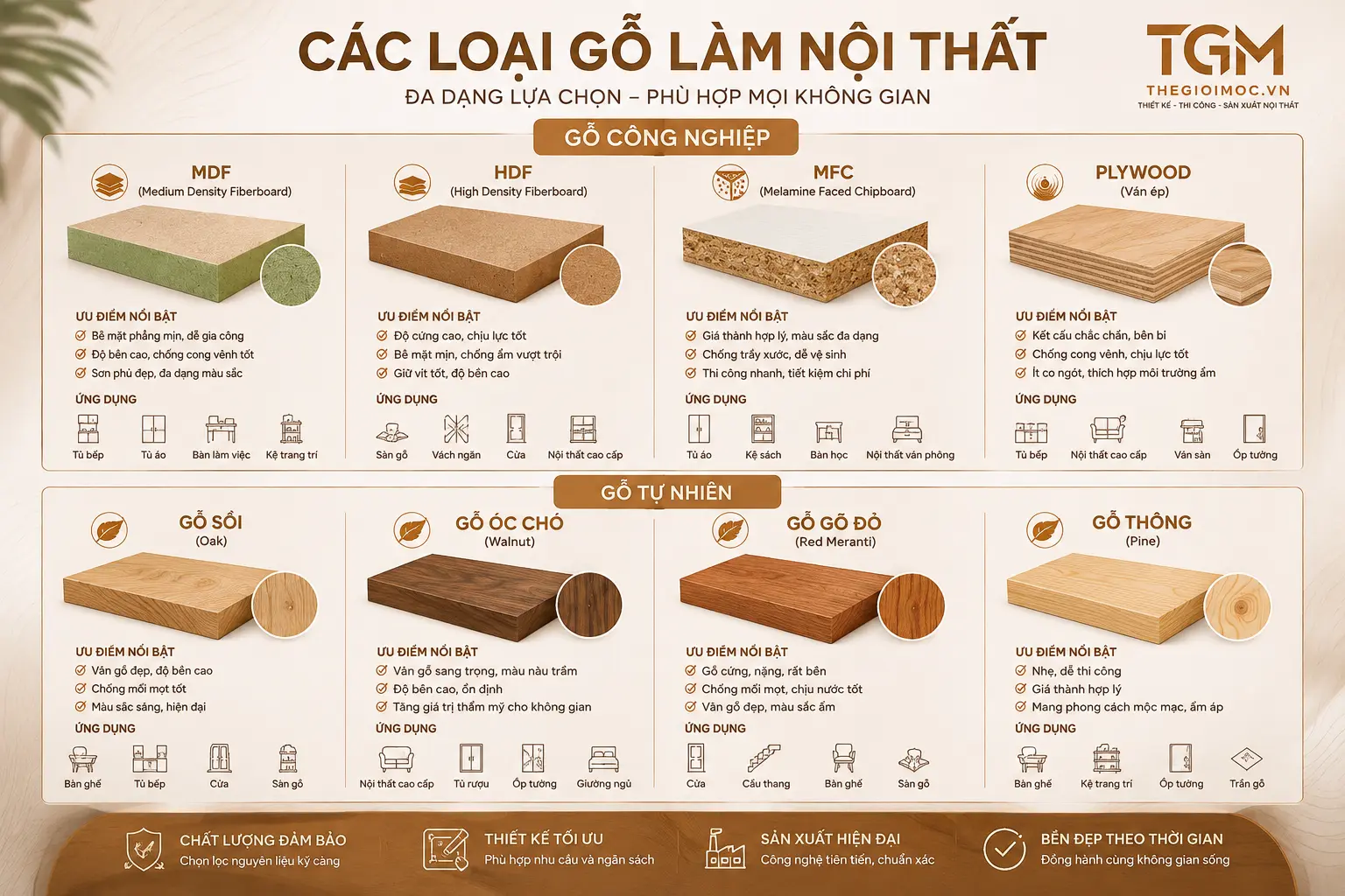 Các loại gỗ công nghiệp và gỗ tự nhiên làm nội thất
