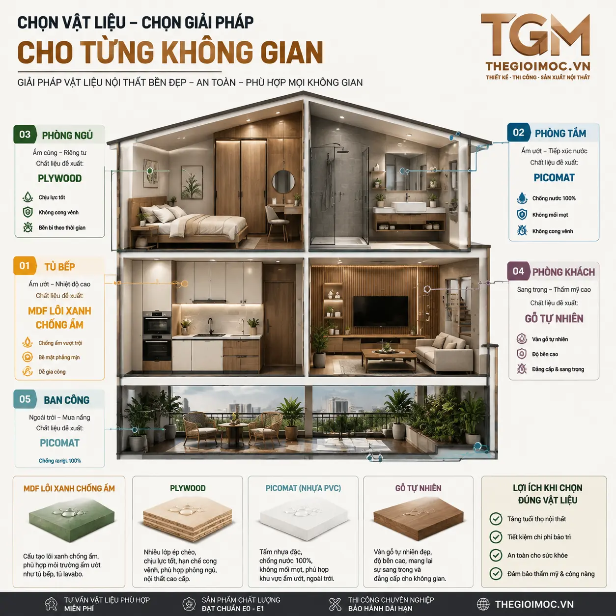 Nên chọn gỗ chống ẩm cho từng khu vực