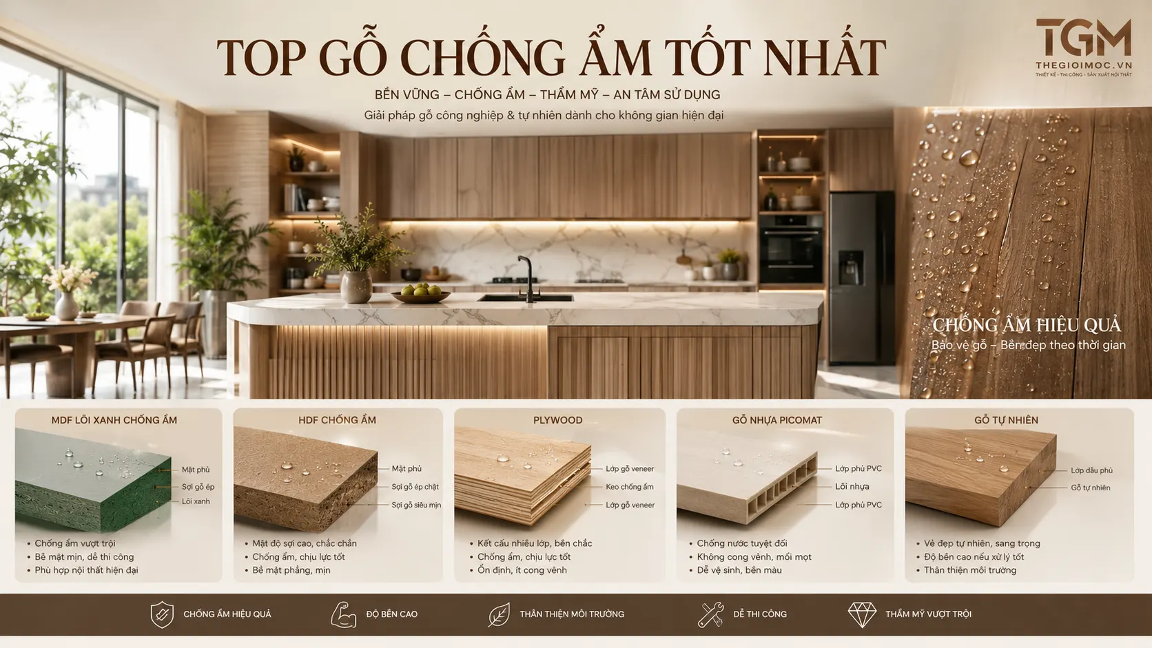 Gỗ chống ẩm tốt nhất làm nội thất và tủ bếp