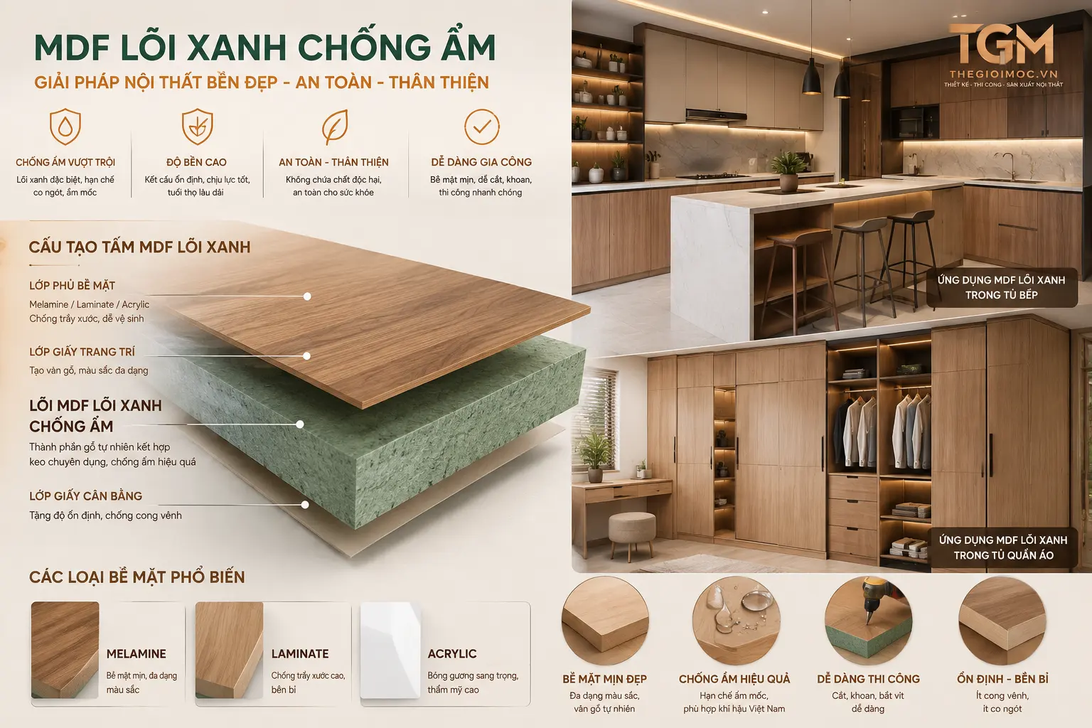 Gỗ MDF lõi xanh chống ẩm làm nội thất