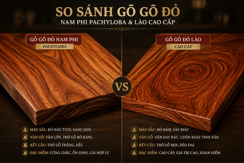 So sánh bề mặt gỗ gõ đỏ Lào và gỗ gõ đỏ Nam Phi
