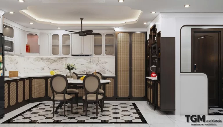 Tủ bếp Indochine cánh mây đan – dự án nhà phố chị Mỹ Quận 11