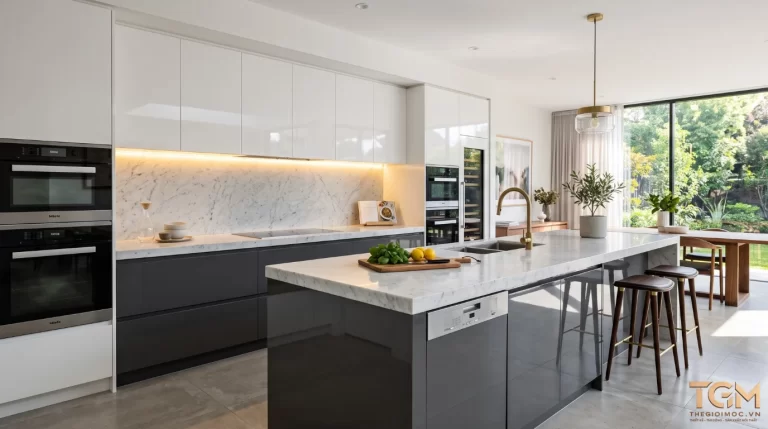 Tủ bếp Acrylic bóng gương trắng xám có đảo bếp