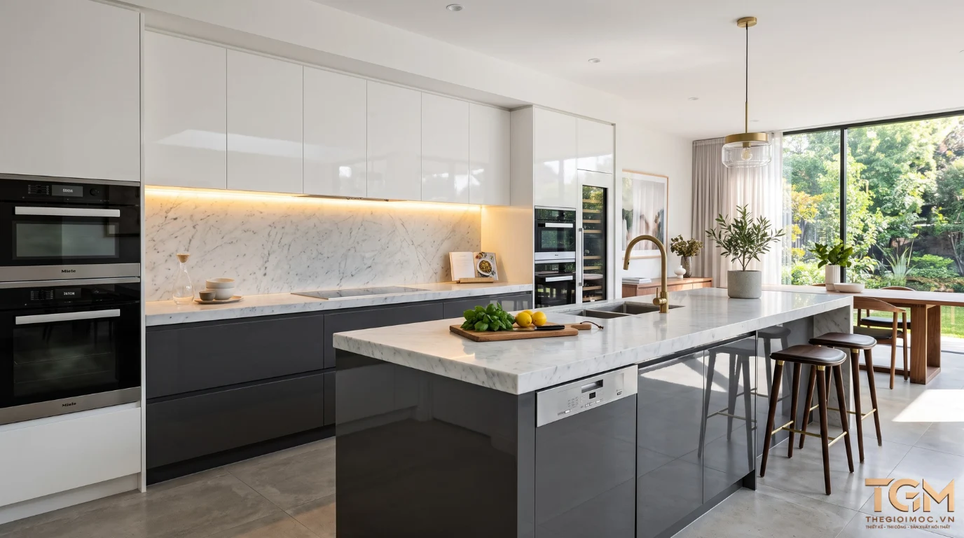 Mẫu tủ bếp Acrylic bóng gương cao cấp thiết kế hiện đại sang trọng