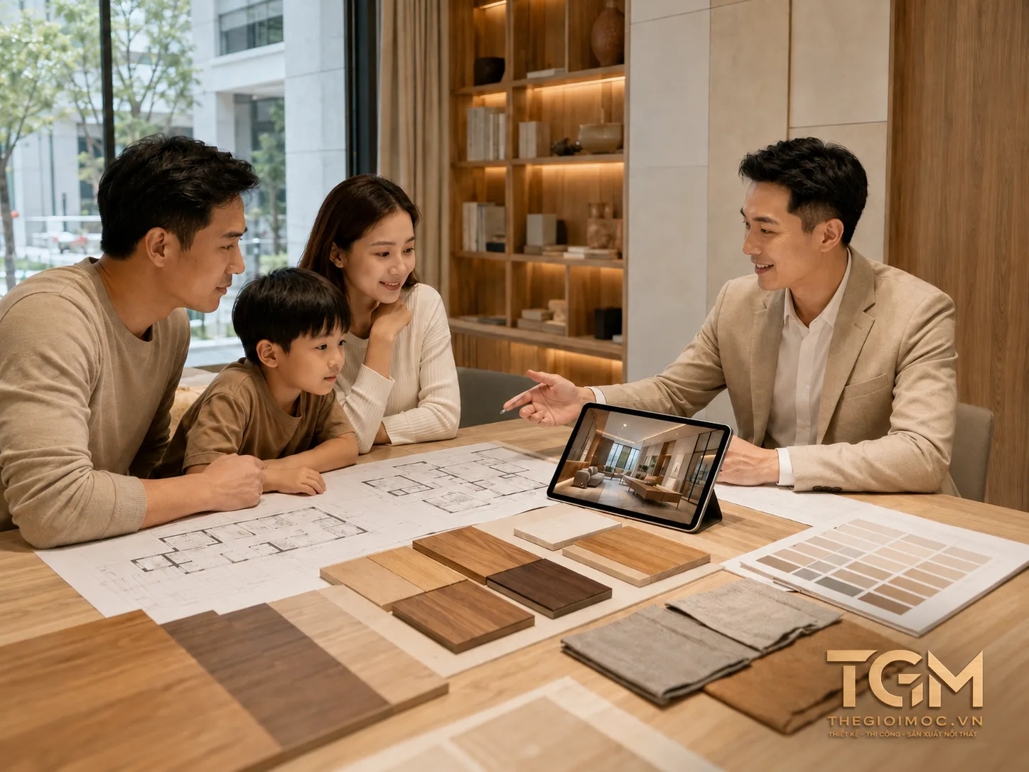 Khách hàng trao đổi phương án thiết kế nội thất với kiến trúc sư tại TP.HCM
