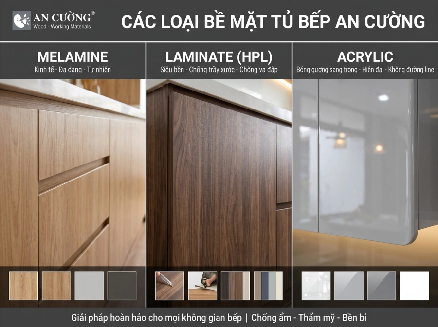 3 loai be mat tu bep an cuong Melamine, Laminate và Acrylic
