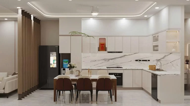 Tủ bếp gỗ công nghiệp trắng kịch trần ốp đá slab – dự án nhà anh Vũ Bình Phước