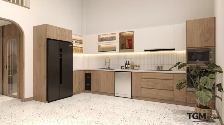 Tủ bếp vân gỗ sồi sáng, gạch thẻ trắng – dự án biệt thự Phú Mỹ Hưng Quận 7
