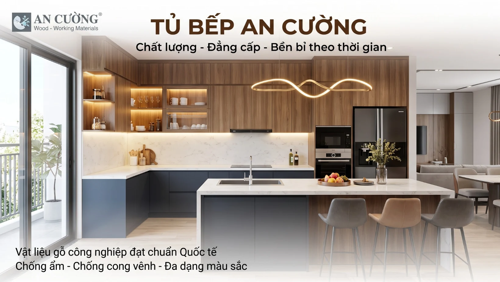 Tủ bếp An Cường: 3 loại bề mặt, bảng giá 2026 và cách chọn đúng